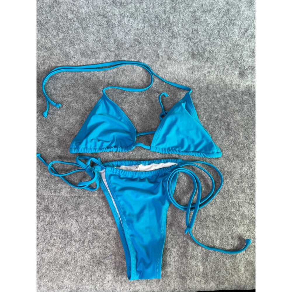 Turquoise Blue Triangle Bikini Set Side Tie High Cut Swimsuit Medium 20105